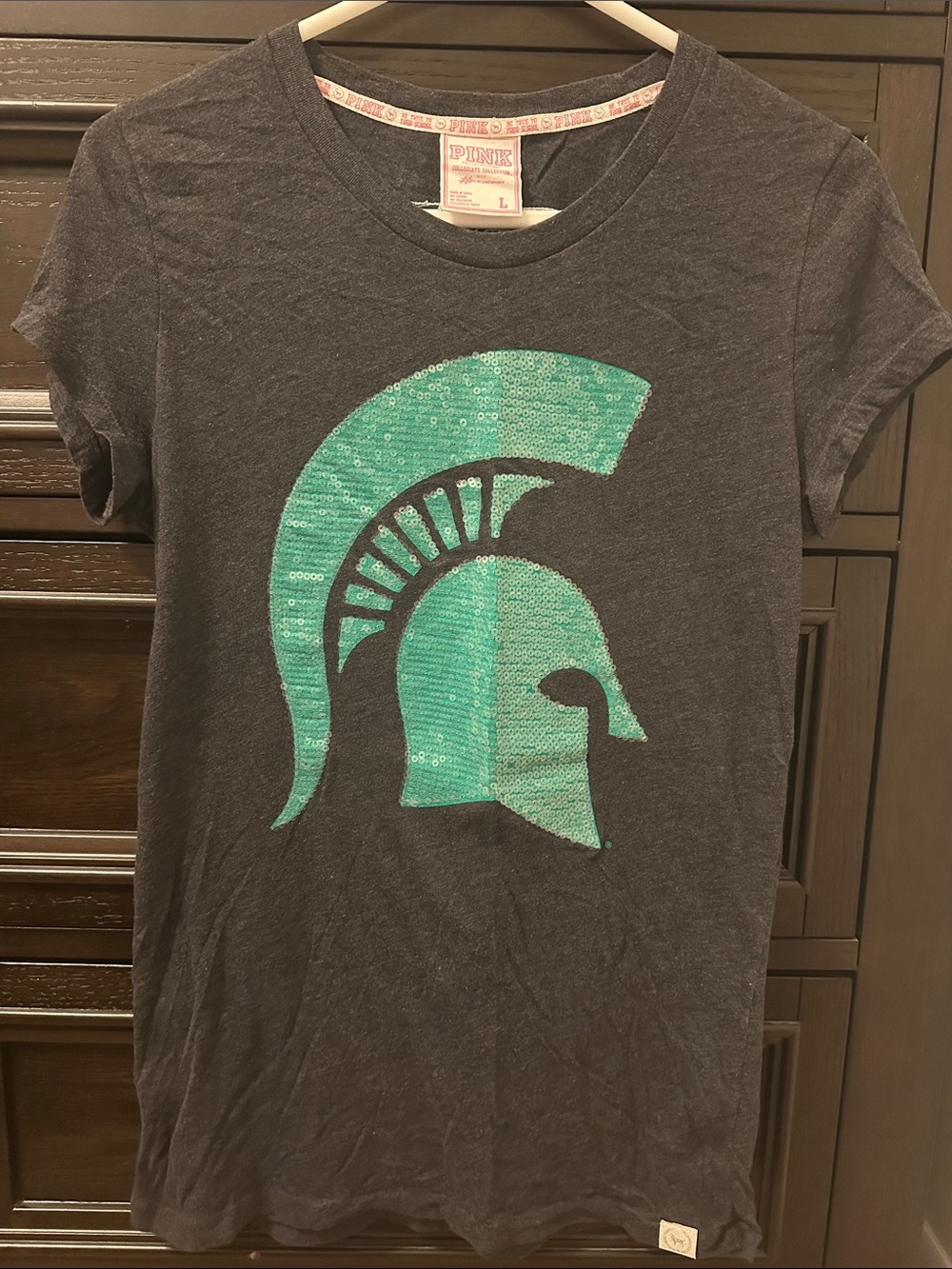 PINK Victorias Secret Gray Tee with Green Sequin Spartan Helmet